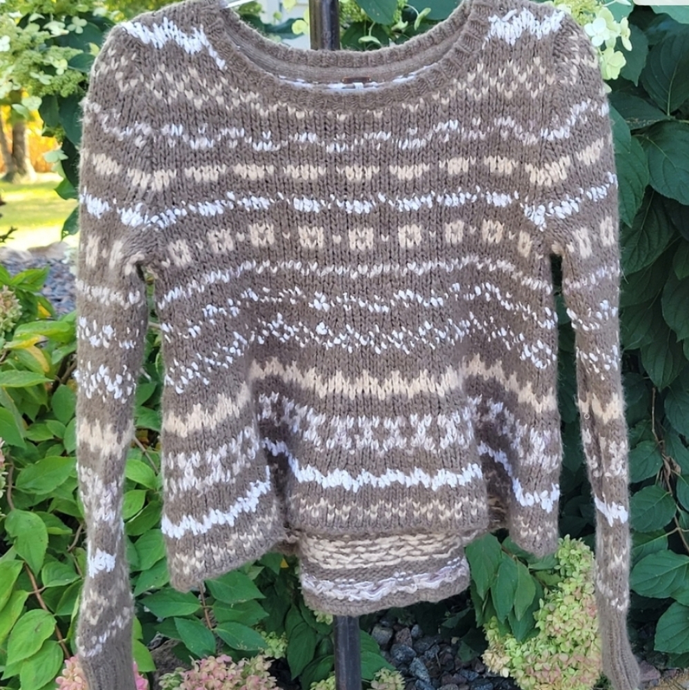 Free People Brown and Cream Fair Isle Crewneck Sweater